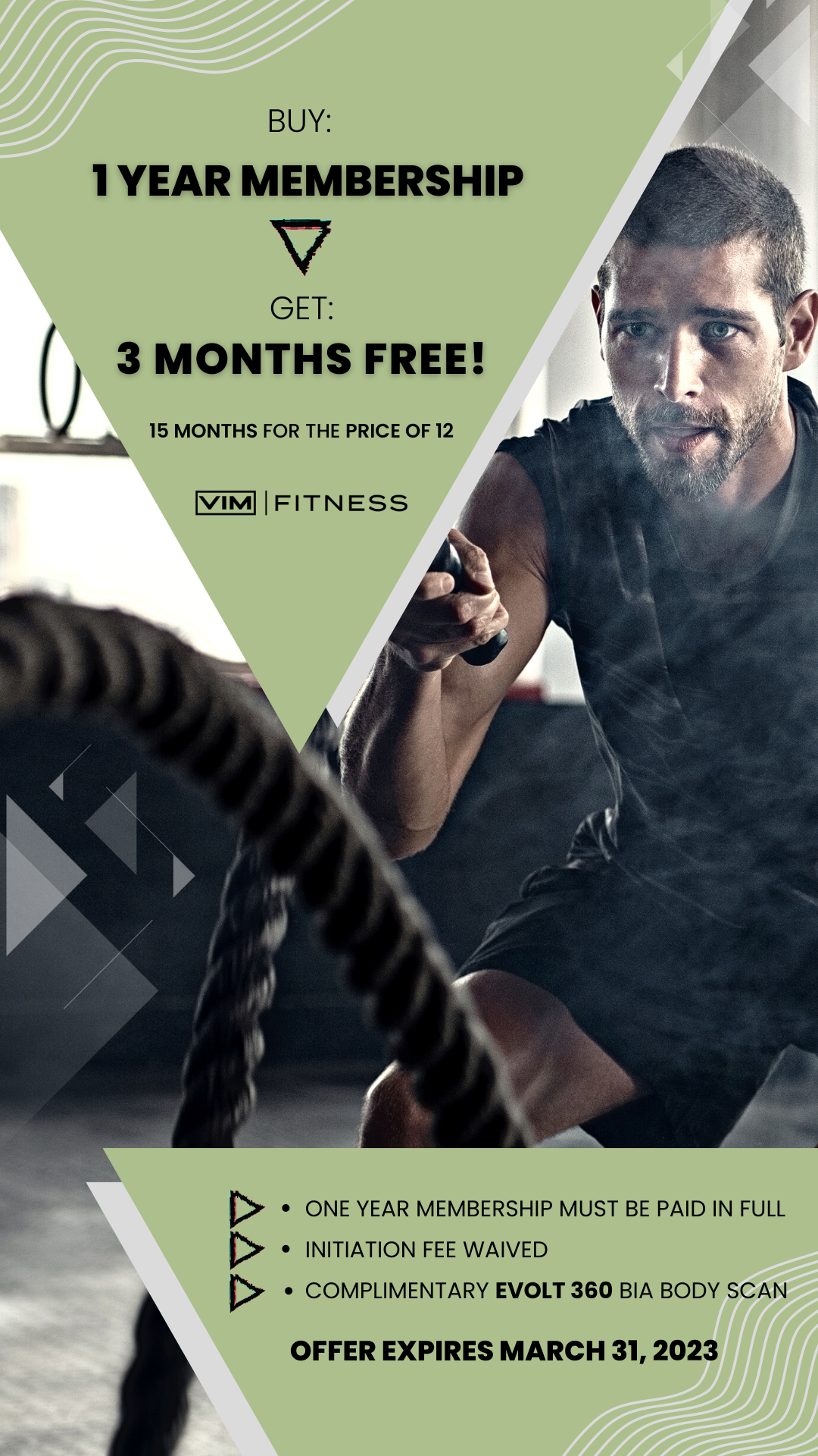 VIM Fitness - image of man working out with ropes and text describing the March membership promotion - Buy 1 Year Membership, Get 3 Months Free