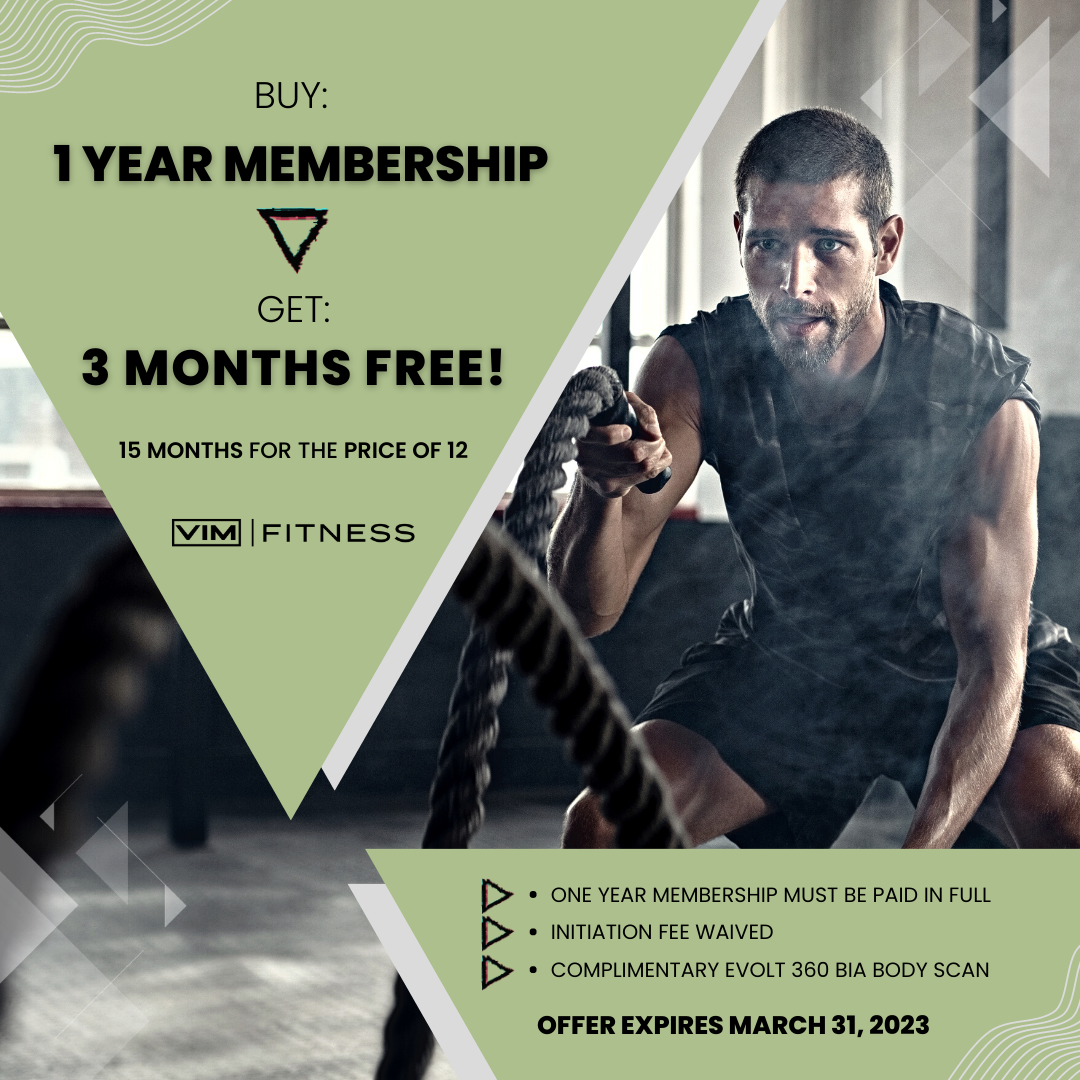 VIM Fitness - image of man working out with ropes and text describing the March membership promotion - Buy 1 Year Membership, Get 3 Months Free