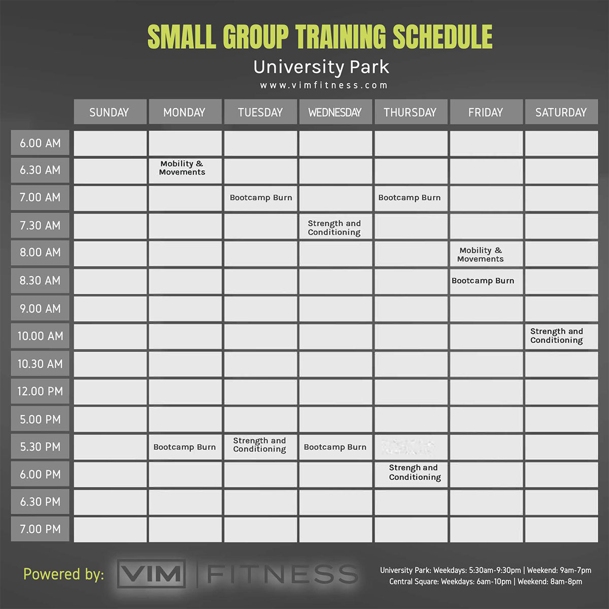 Small Group Training Schedule